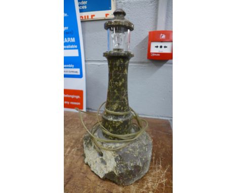 A Cornish Serpentine lighthouse lamp, top a/f 