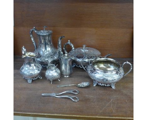 A collection of silver plated items including a four piece tea service 