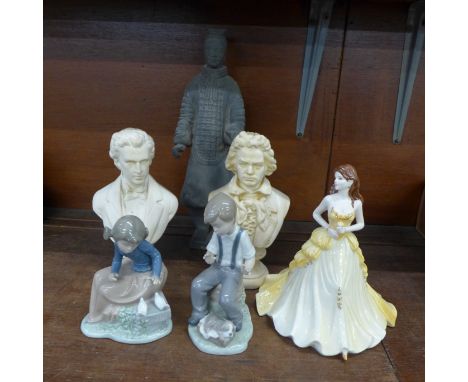 A Coalport figure, Golden Anniversary, two Nao figures of a boy with puppy and girl with doves, a Chinese terracotta warrior 