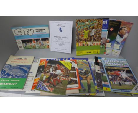 Football memorabilia: Tottenham Hotspur programmes (30), home and away from 1961 Cup Final onwards plus a sporting dinner men