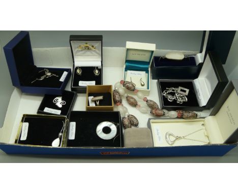 A collection of silver jewellery, most set with mother of pearl, and a large bead necklace 