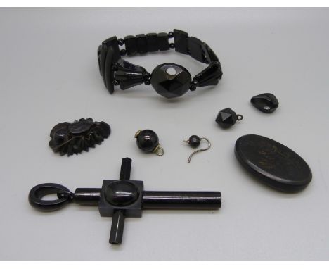A vintage jet cross pendant and bracelet, etc., (some a/f) 