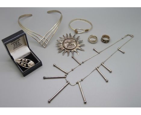 Silver jewellery including a torc necklace, ring, bangle, etc., and one other white metal brooch and ring 