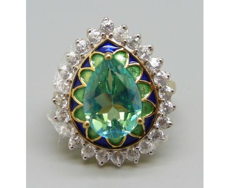 A large silver gilt peacock quartz, enamel and zircon cocktail ring, S 