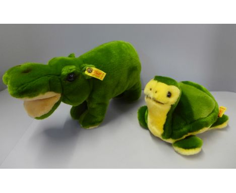 A Steiff button in ear tortoise and Steiff baby hippo, both made in Germany 