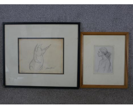 Two framed pencil drawings one of a pig pointing, indistinctly signed along with a portrait of a lady, indistinctly signed.  