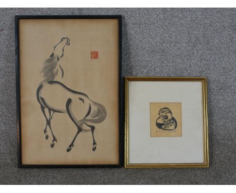 Willie Rodger (1930 - 2018), linocut 'Wee Chip', signed and numbered 19/25 along with a Chinese woodblock print of a horse wi