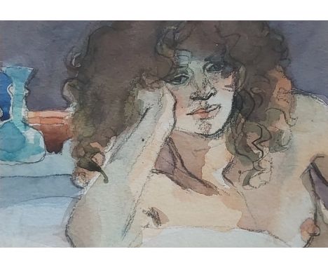 KEN SYMONDS (1927-2010) A framed and glazed watercolour and pastel portrait, female nude. Label verso. 11.5cm x 16cm