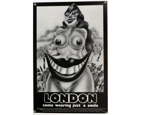 Alan Aldridge (b. 1943) Vintage poster, 'London Come Wearing Just A Smile', black &amp; white poster by Canned London, design