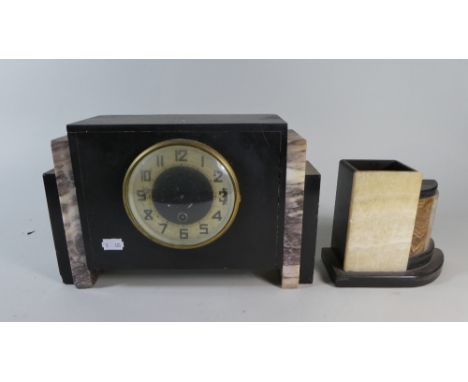 A French Art Deco Mantle Clock and One Garniture, Movement In Need of Attention and Missing Fingers, Clock 32cm Wide 
