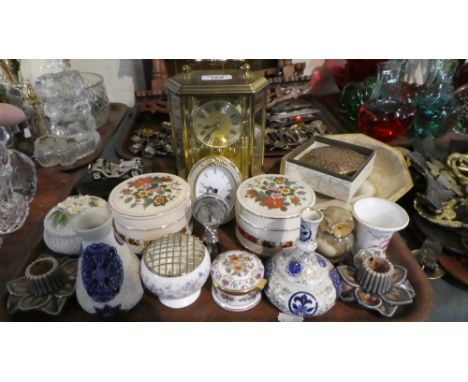 A Tray of Sundries to Include Wade Candle Sticks, Ceramic Pots and Vases, Pillar Clock, Bell Etc