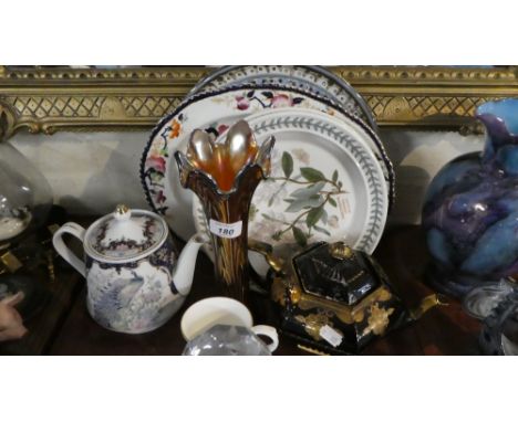 A Tray of Ceramics to Include Portmeirion Botanic Garden, Decorated Peacock Teapot, Carnival Glass Vase