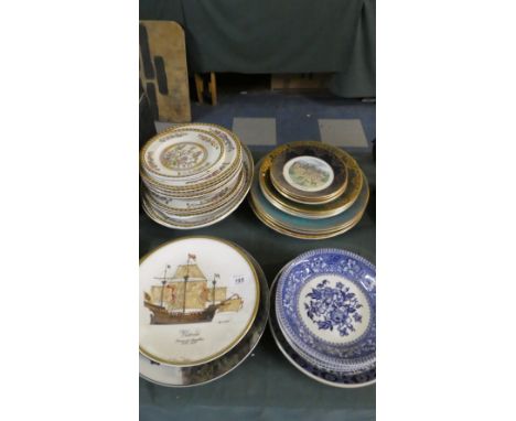 A Collection of Various Dinner Plates to Include Royal Doulton Sporting Series, Royal Worcester Ship Plate, Blue and White et