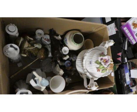 A Box of Ceramic, Animal and Figural Ornaments, Vases Etc