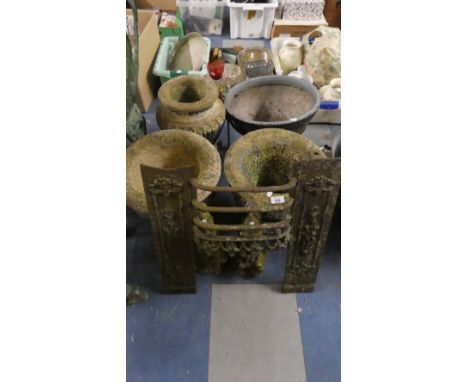 A Pair of Reconstituted Stone Garden Urns, Reconstituted Vase Plater, Two Gnomes Etc