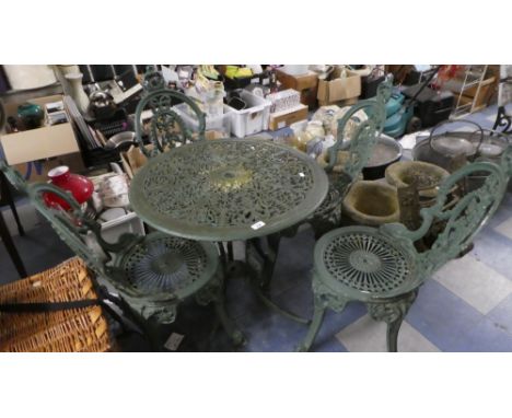 A Painted White Metal Garden Table and Four Chairs, Table 68cm Long