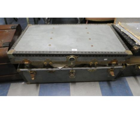A Brass Mounted Travelling Trunk Containing Bed Linens, 91cm long