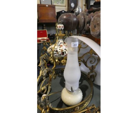 A Reproduction Brass and Ceramic Ceiling Hanging Chandler with Opaque Plastic Shade 