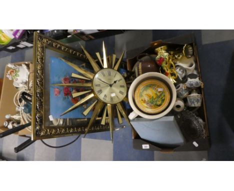 A Brass Framed Fire Screen, Brass Magazine Rack, Box of Ceramics, Included Starburst Clock (AF) 