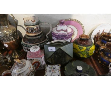 A Tray Containing Various Decorated Ceramics to Include Tea Caddy, Oriental Sugar Bowl, Continental Glazed Terracotta Jug, Lu