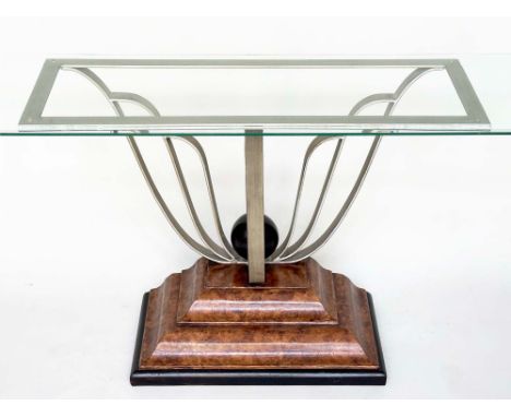 CONSOLE TABLE, Art Deco style rectangular bevelled glass on silvered metal inswept supports with ball and stepped plinth, 135
