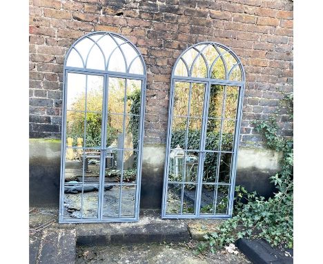 ARCHITECTURAL GARDEN MIRRORS, a pair, gated design, 180cm H x 75cm W. (2)
