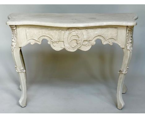 CONSOLE TABLE, Italian style grey painted serpentine fronted with 'C' scroll centre and shaped supports, 108cm W x 41cm x 85c