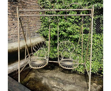 ARCHITECTURAL GARDEN SWING, Regency style, wrought metal with a faux verdegris finish, 220cm H x 180cm x 90cm.
