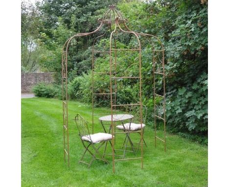 ARCHITECTURAL GARDEN PERGOLA, Regency style metal with a rusted finish, 275cm H x 155cm W x 155cm D.