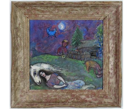 MARC CHAGALL, Scene Champetre, rare collotype 1961, edition: 200, signed in the plate, 25cm x 25cm.