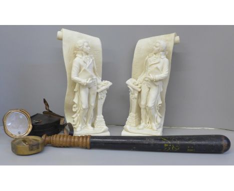 A Police truncheon, a brass compass, cased and a pair of Mozart figural bookends 