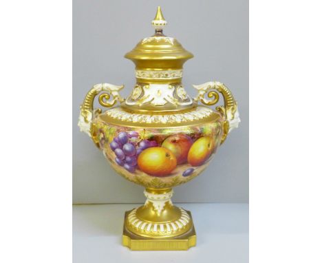 A Royal Worcester hand painted angel head vase and cover decorated with fruit, signed Freeman, 27cm 
