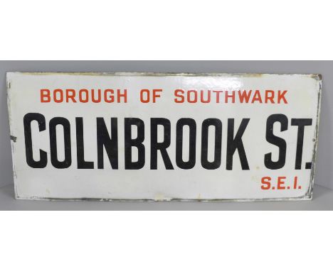 An original enamel street sign, Colnbrook St. S.E.1. Borough of Southwark, 23.5" x 10" 