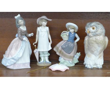 Two Lladro figures and two Nao figures including a model of an owl, parasol a/f 