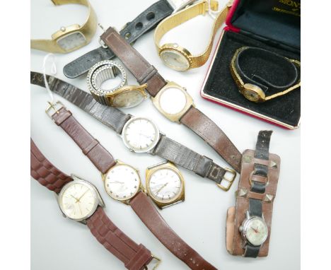 A collection of mechanical wristwatches, including Timex and Everite 