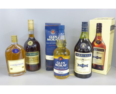 Four bottles of alcohol, Courvoisier, Three Barrels, Glen Moray Elgin Classics single malt and Martell Cognac  **PLEASE NOTE 