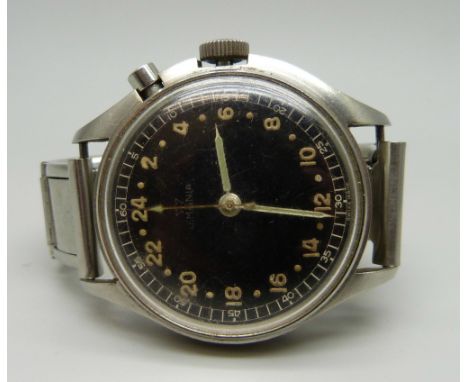 A German Lemania single button chronometer with 24-hour clock and sweep second hand, 39mm case 