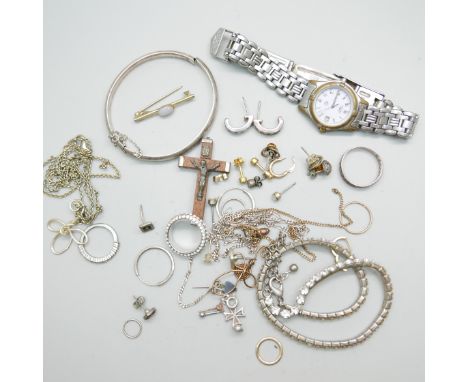 A collection of silver and silver toned jewellery and a lady's Rotary wristwatch, (bangle a/f) 