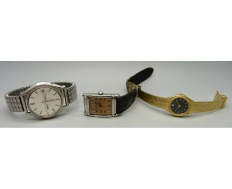 Two gentleman's wristwatches; Emporio Armani and Seiko day-date and a lady's Bulova quartz 