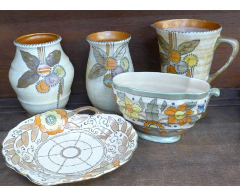 A Bursley ware Charlotte Rhead tube lined dish, two Crown Ducal vases, pitcher and posy vase 