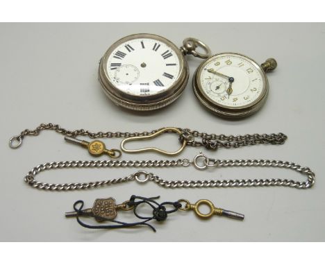 A silver cased pocket watch, Birmingham 1901, one other pocket watch, a silver chain, 13g, and one other chain, a/f 