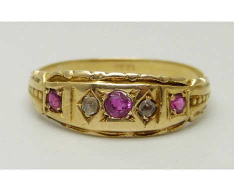 A Victorian 18ct gold, ruby and diamond ring, 2.5g, R 