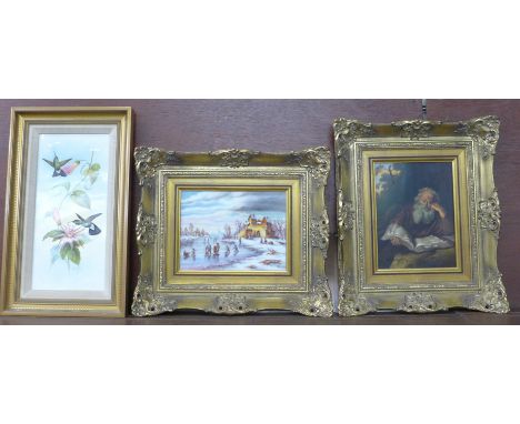 A Clermont Fine China hummingbird series ceramic plaque, signed J. Smith, 1976, a porcelain plaque of ice skaters on a river 