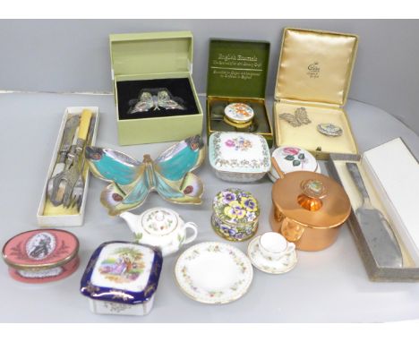 Two enamel boxes, Bilston and Crummles, a Papillon Austrian crystal butterfly box, Wedgwood miniature teawares, other lidded 