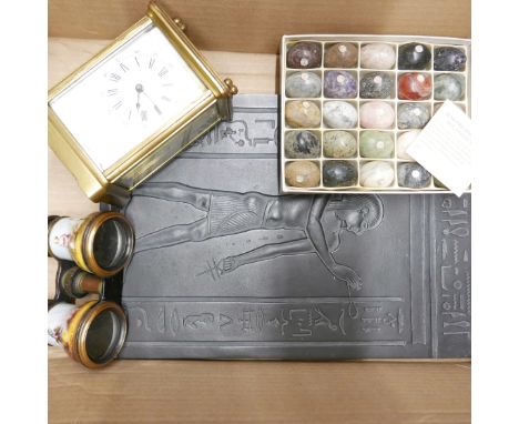 A boxed mineral collection, a carriage clock, vintage opera glasses with hand painted detail a/f, and an Egyptian plaque **PL