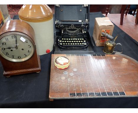 A VINTAGE SIEVERT BLOWLAMP, BOXEDwith instructions, a Corona portable typewriter, a mahogany mantel clock, a stoneware bottle