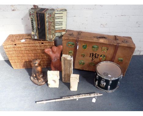 A QUANTITY OF SUNDRIESincluding an architectural fragment, sculptures, a Swingstar drum, an accordion, a Yamaha flute, a wick