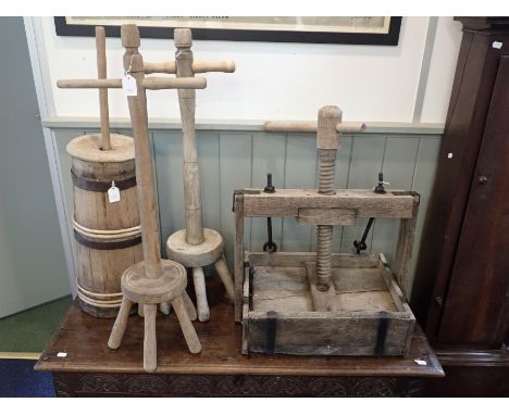 A VINTAGE WOODEN APPLE PRESSa traditional wooden butter churn or 'plump', and two ash washing dollies (4)