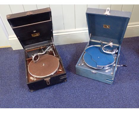 HMV PORTABLE GRAMOPHONE MODEL No.97 C, BLUE CASEwith record carrier on turntable (running, some scuffs and tears to case corn