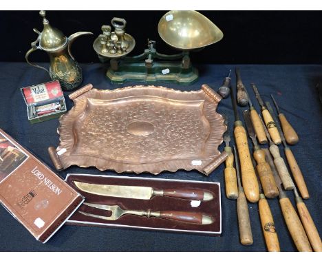 AN ARTS AND CRAFTS STYLE COPPER TRAYwith punched design and scrolled edges,  a vintage kitchen scale, a quantity if woodworki